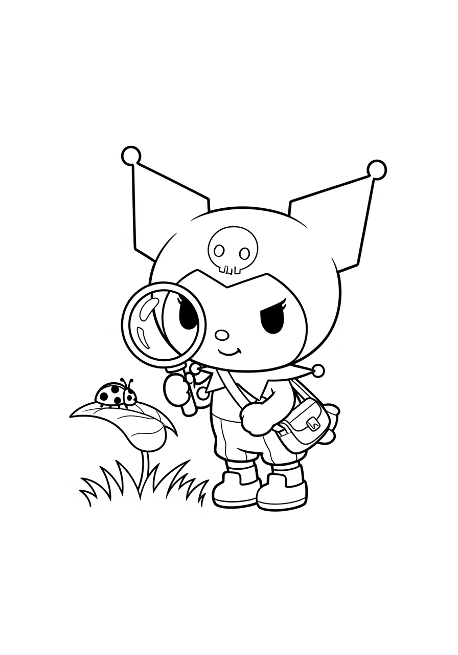 Kuromi mit Lupe und Marienkäfer