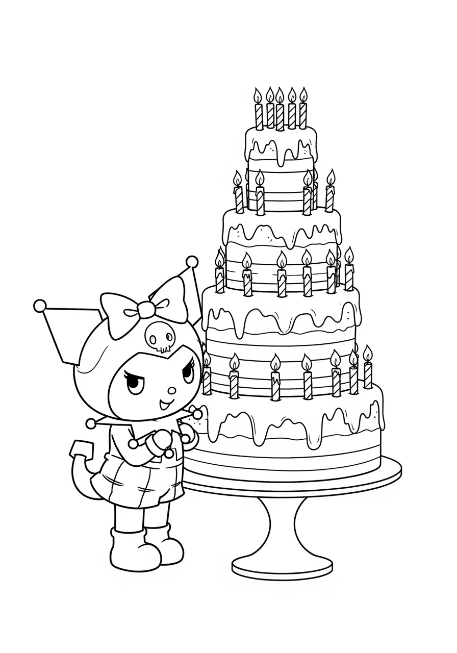 Kuromi neben einer hohen Torte