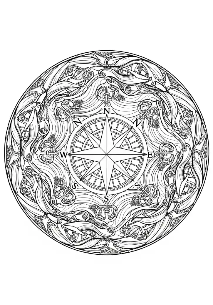Maritimes Kompass-Mandala mit Wellen