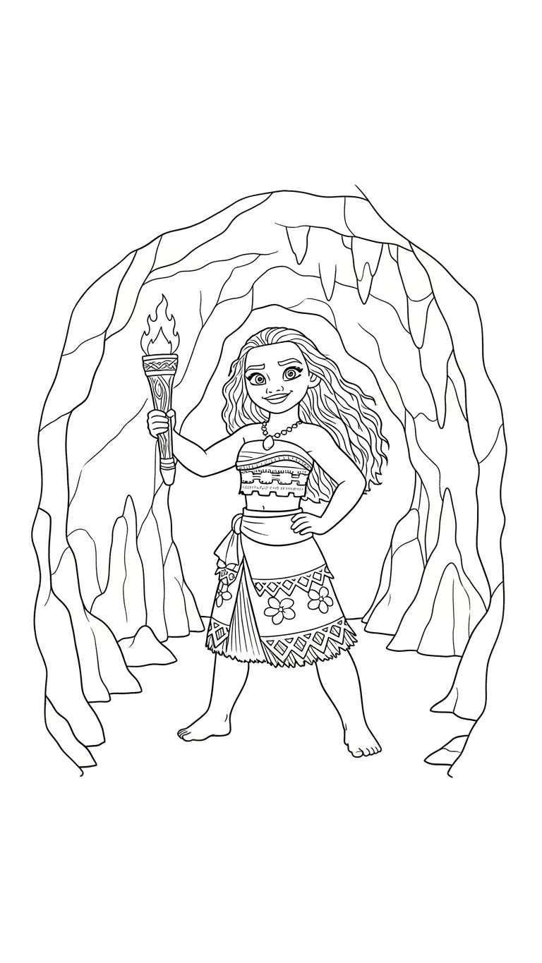 Vaiana mit Fackel in Höhle
