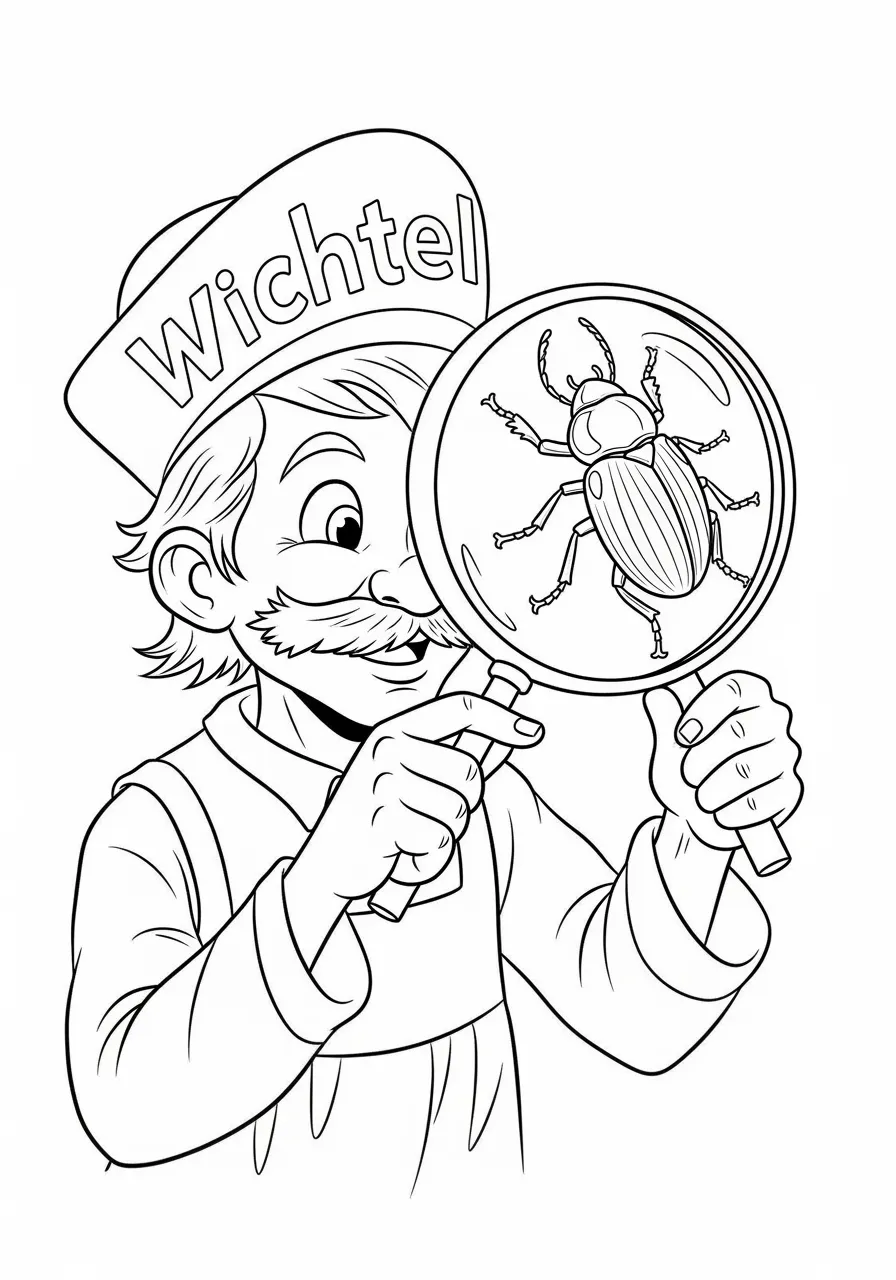 Wichtel mit Lupe und Käfer
