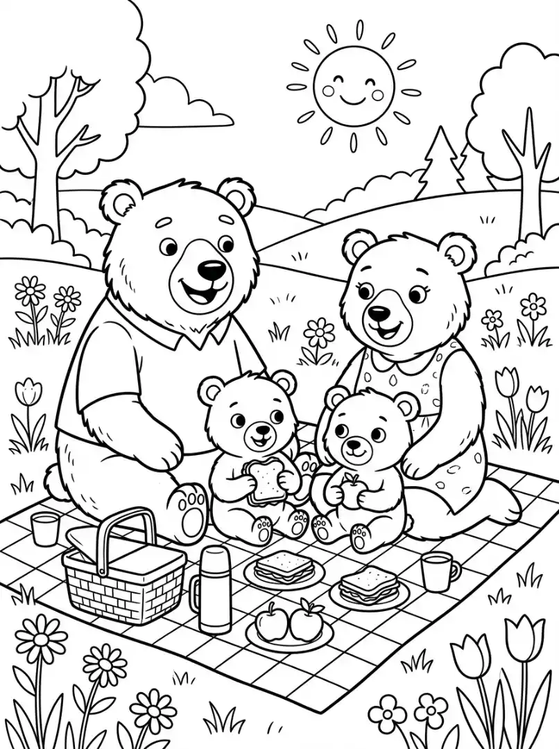 Ausmalbild Bär beim Picknick
