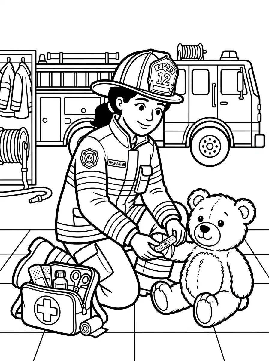 Ausmalbild Feuerwehr hilft Teddybär