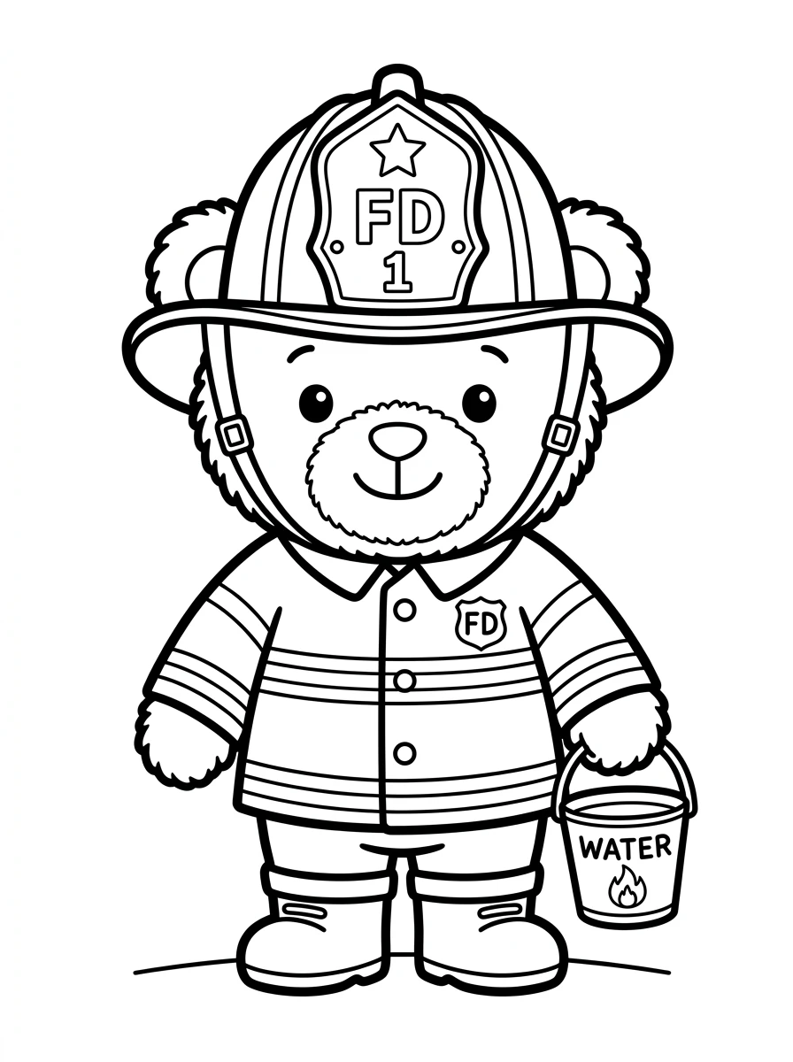 Ausmalbild Feuerwehr mit Teddy