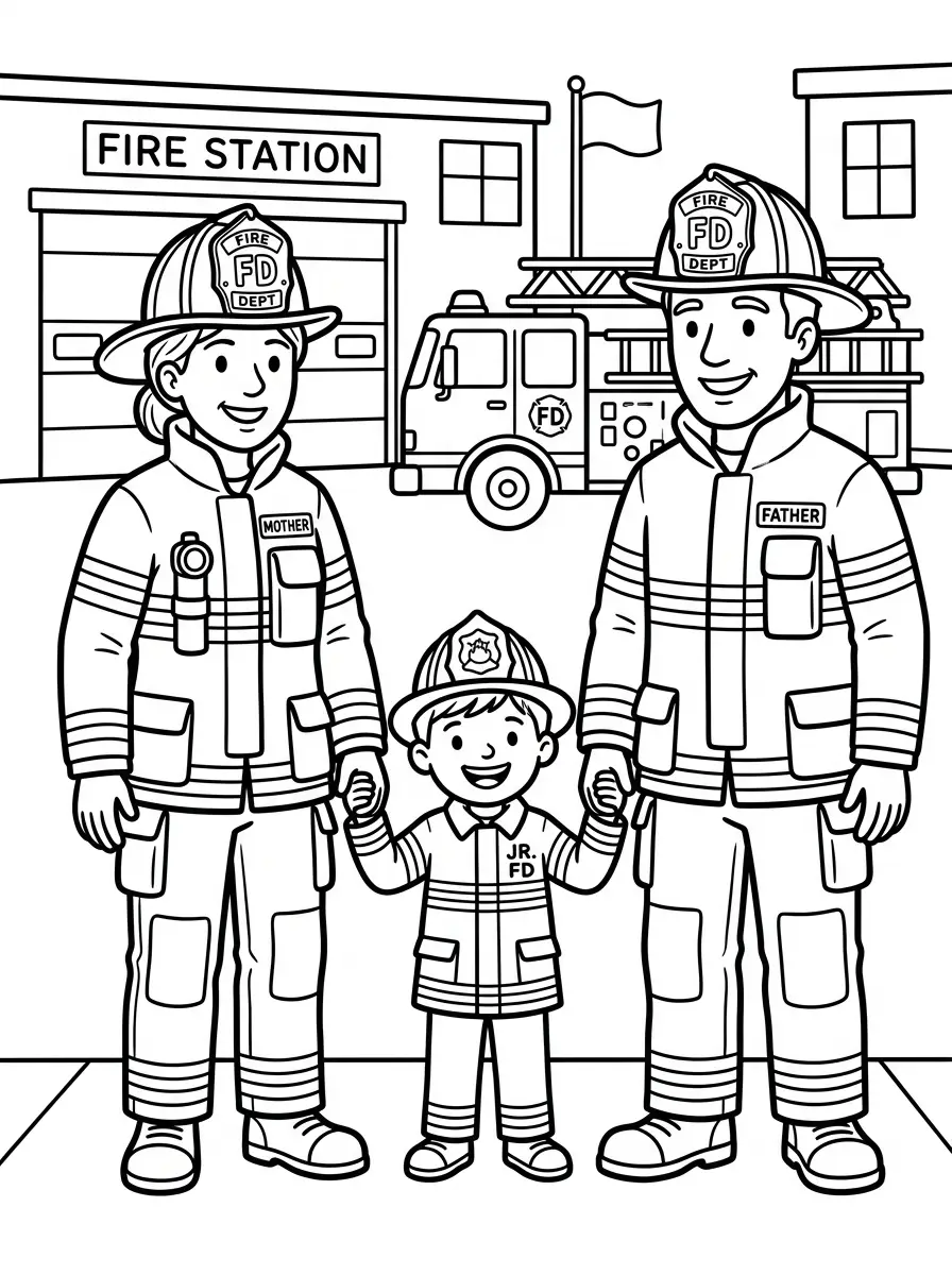 Stolze Feuerwehrfamilie mit Kind