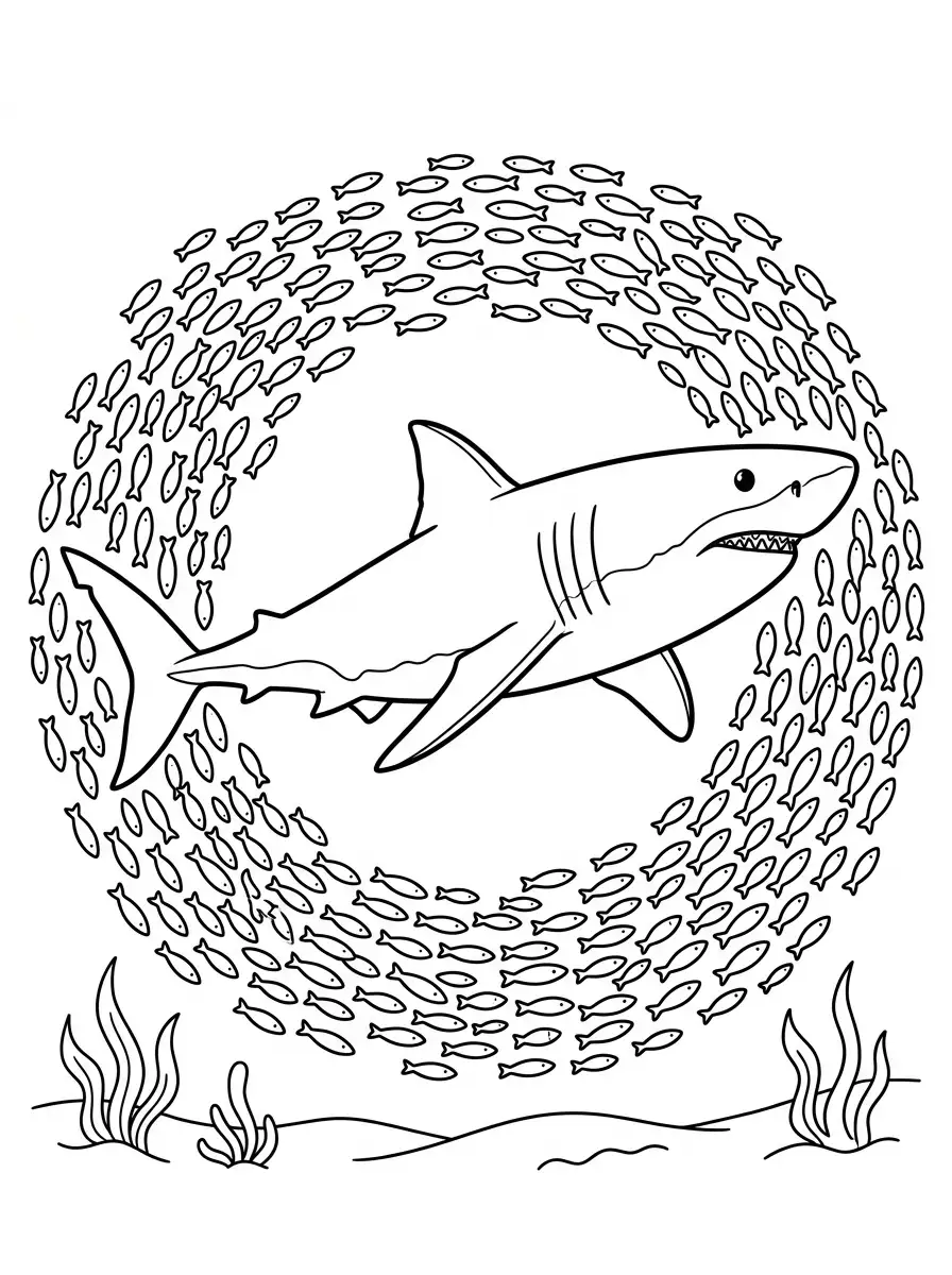 Hai im wirbelnden Fischschwarm