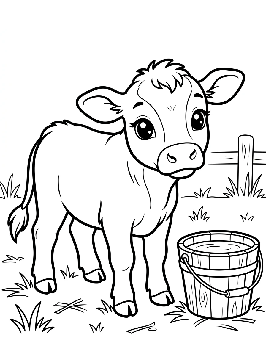 Neugieriges Kälbchen am Wassereimer