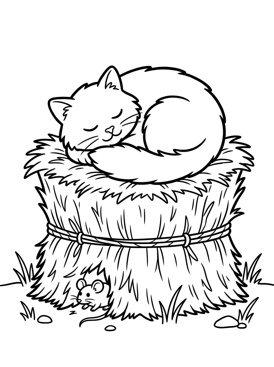 Schlafende Katze auf Heuballen