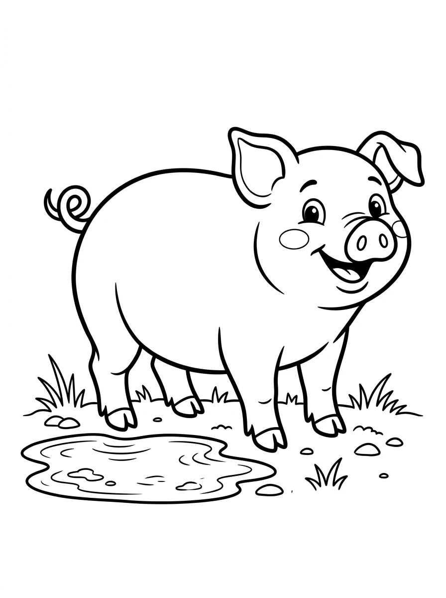 Fröhliches Schweinchen an der Pfütze