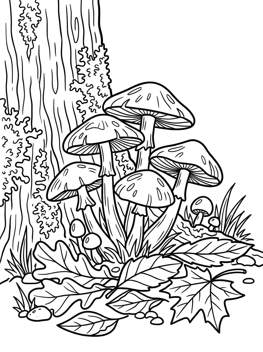 Herbstliche Waldpilze am Baumstamm