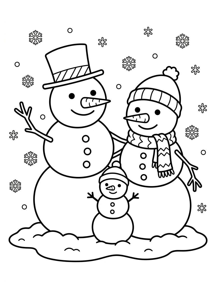 Fröhliche Schneemann-Familie im Schnee