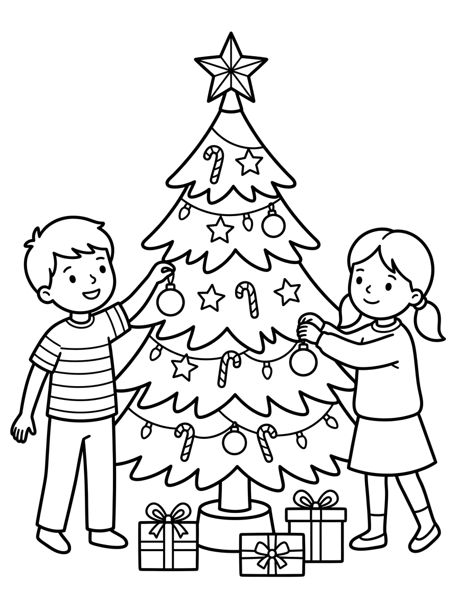 Geschwister schmücken den Weihnachtsbaum