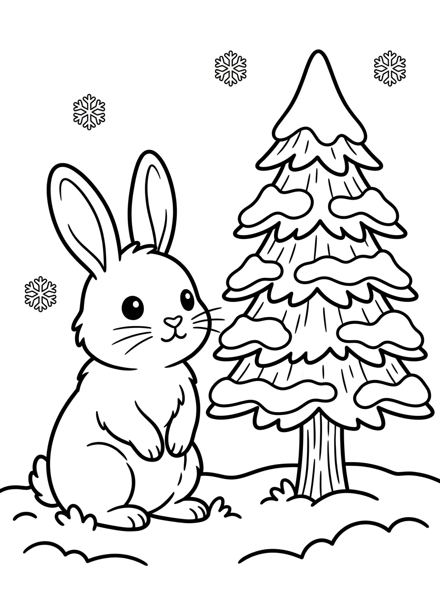 Hase neben verschneiter Tanne