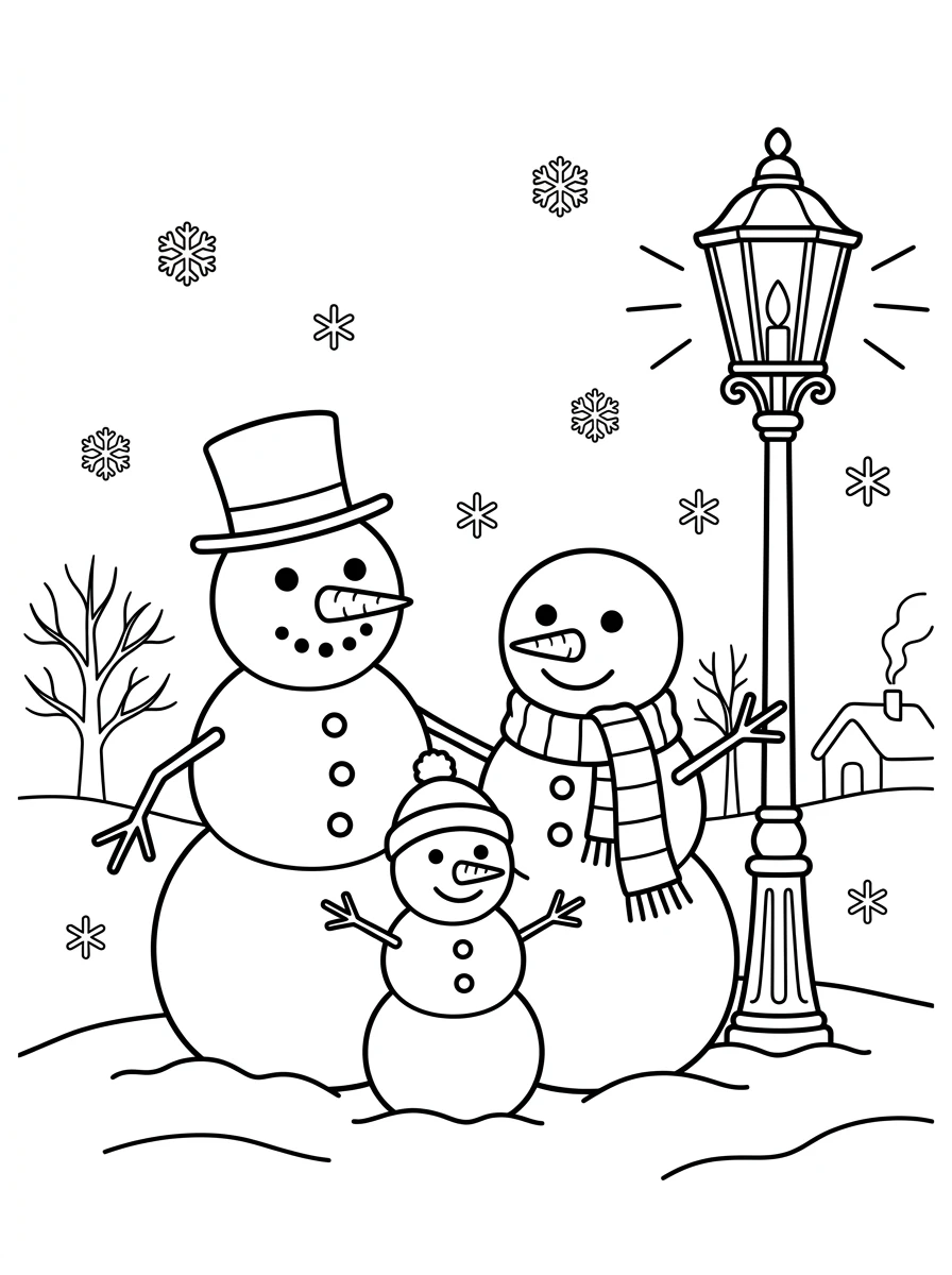 Schneemannfamilie unter der Laterne