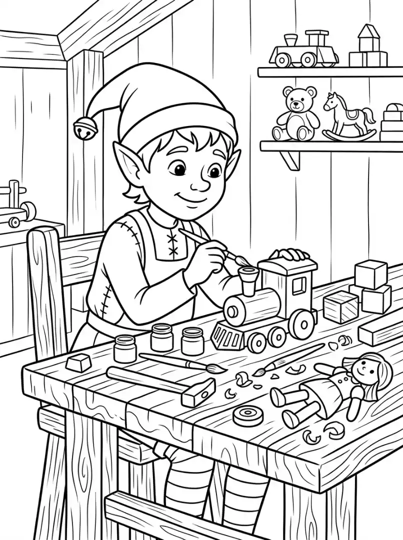 Weihnachtself bemalt einen Spielzeugzug