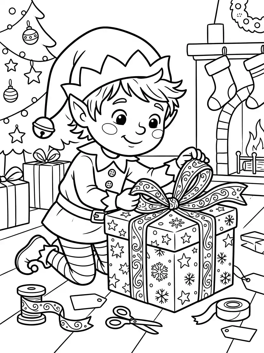 Weihnachtself verpackt großes Geschenk