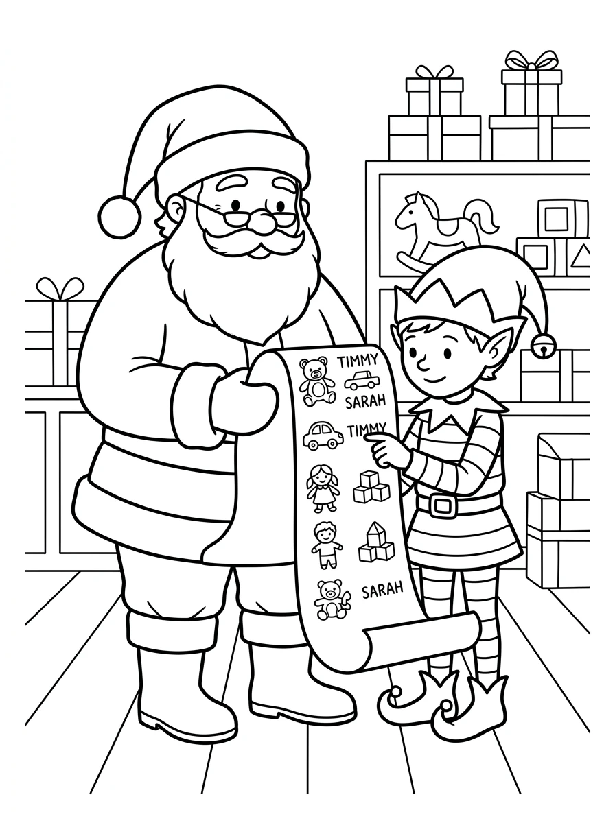 Weihnachtsmann und Elf mit Wunschliste