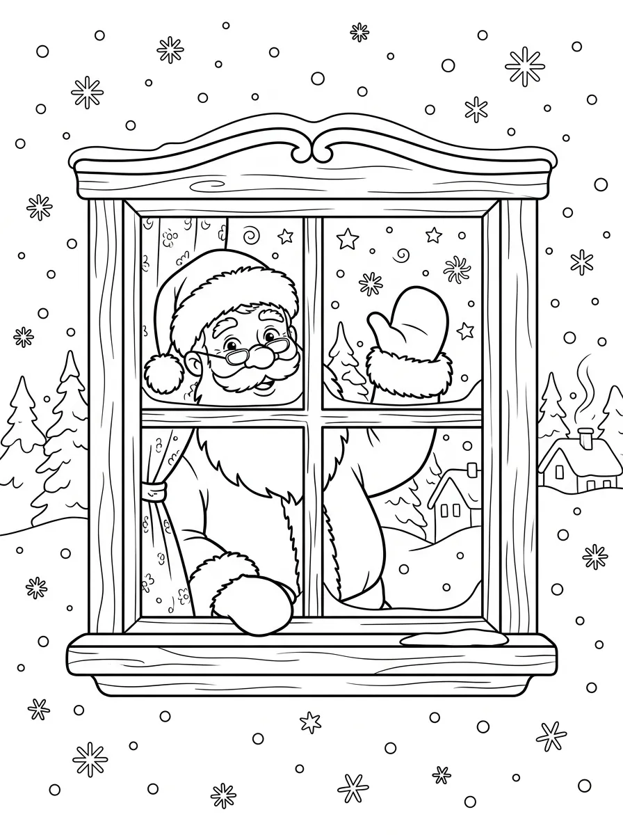 Weihnachtsmann winkt aus dem Fenster
