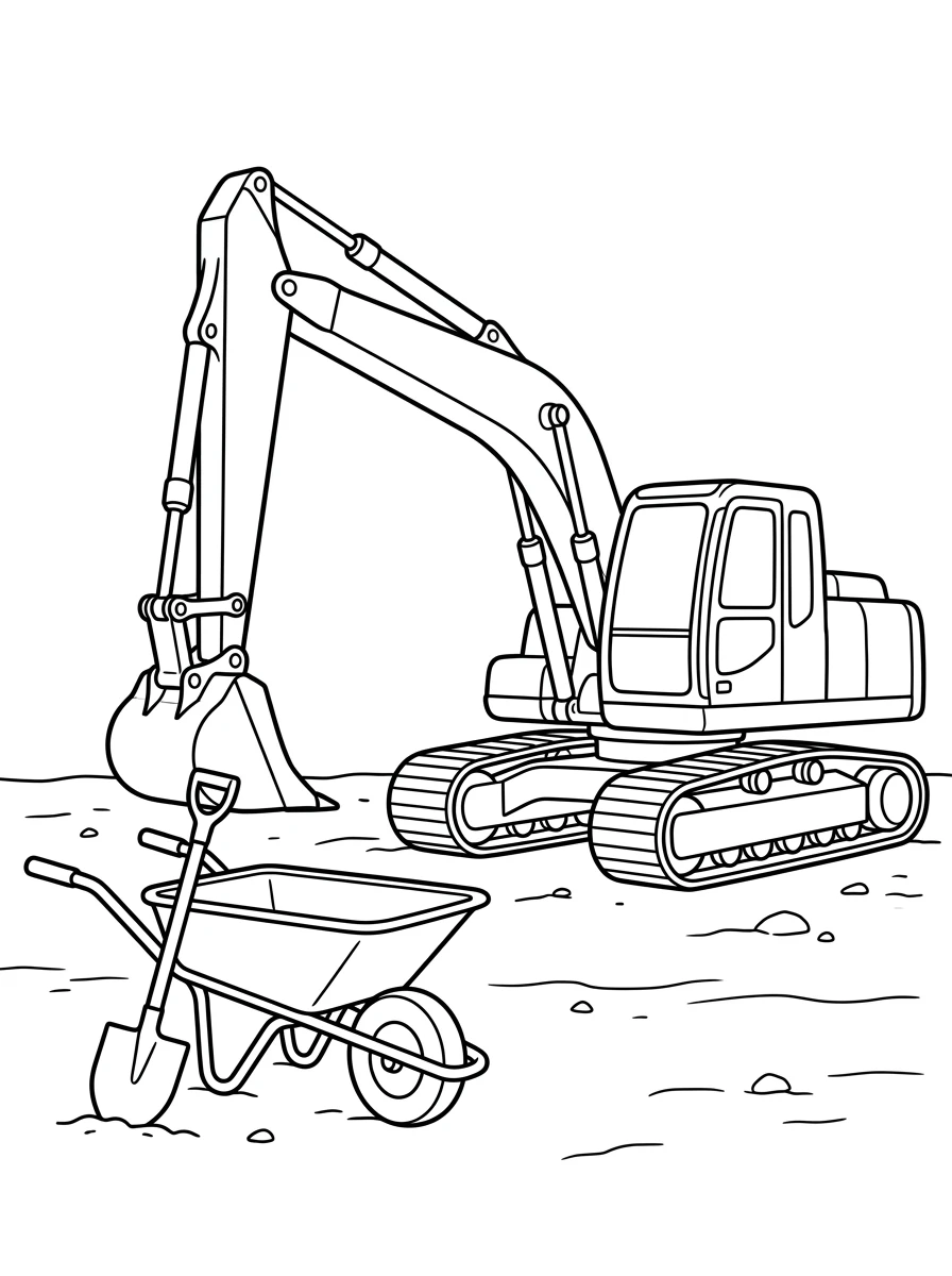 Bagger und Schubkarre auf Baustelle