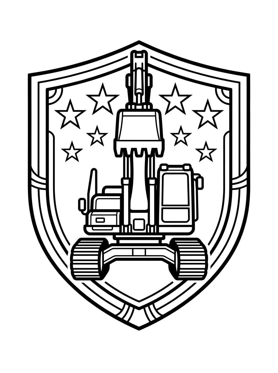 Bagger vor einem Sternenwappen