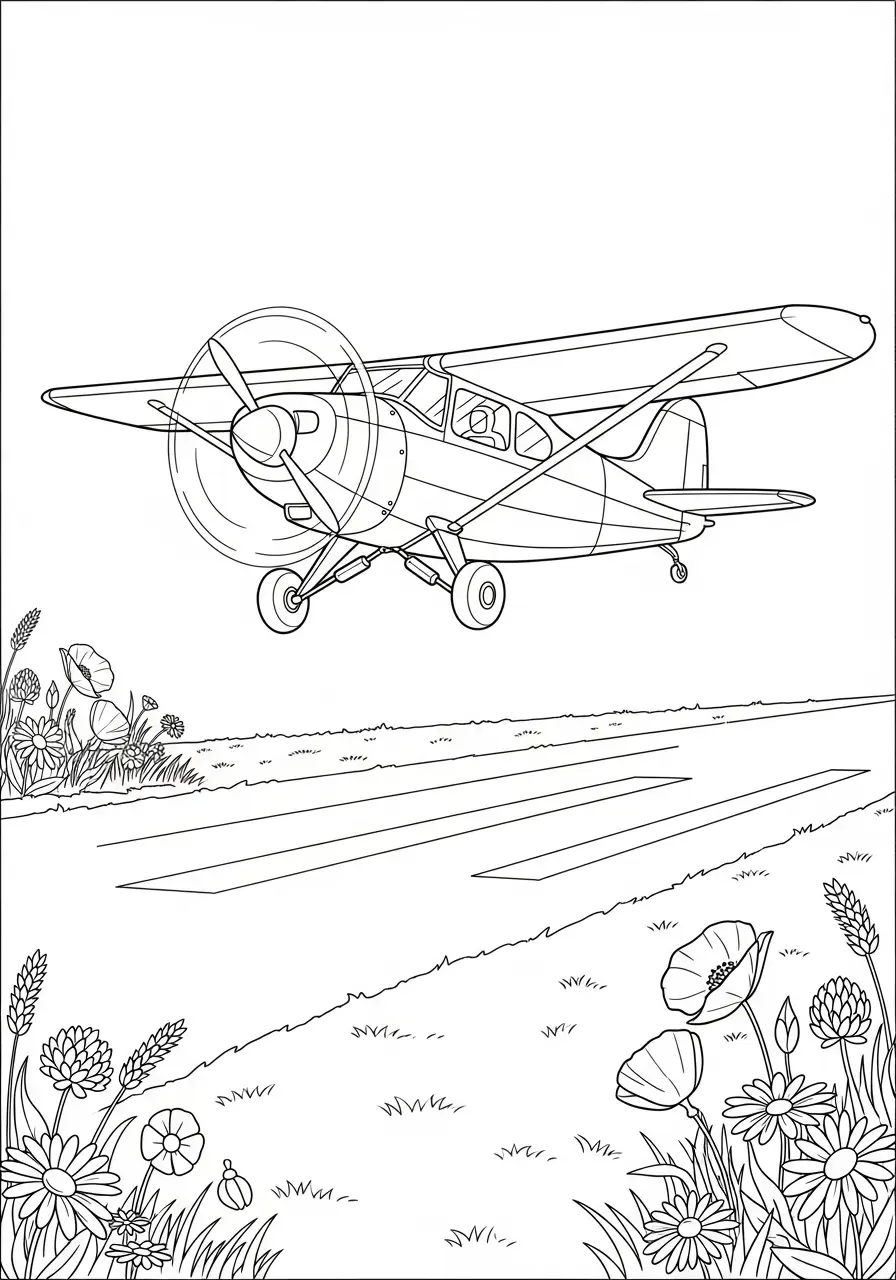Kleines Propellerflugzeug landet auf Blumenwiese