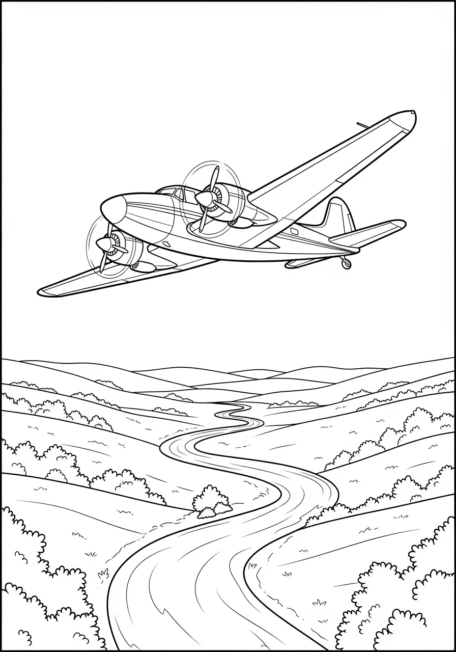 Propellerflugzeug über dem Flusstal