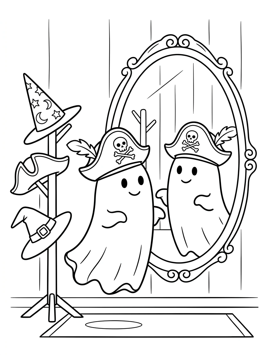 Halloween Ausmalbilder: Gespenst am Spiegel