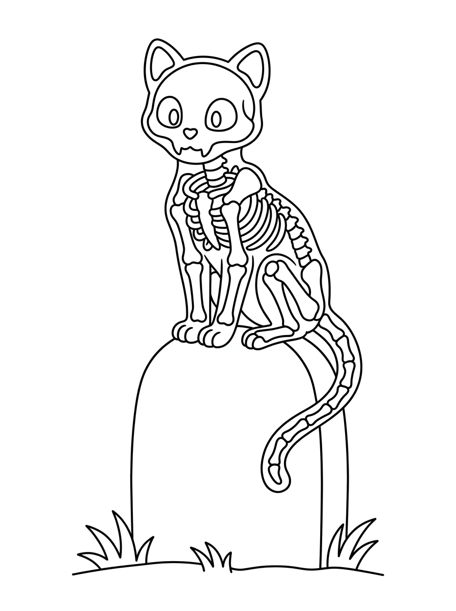 Süße Skelettkatze auf Grabstein