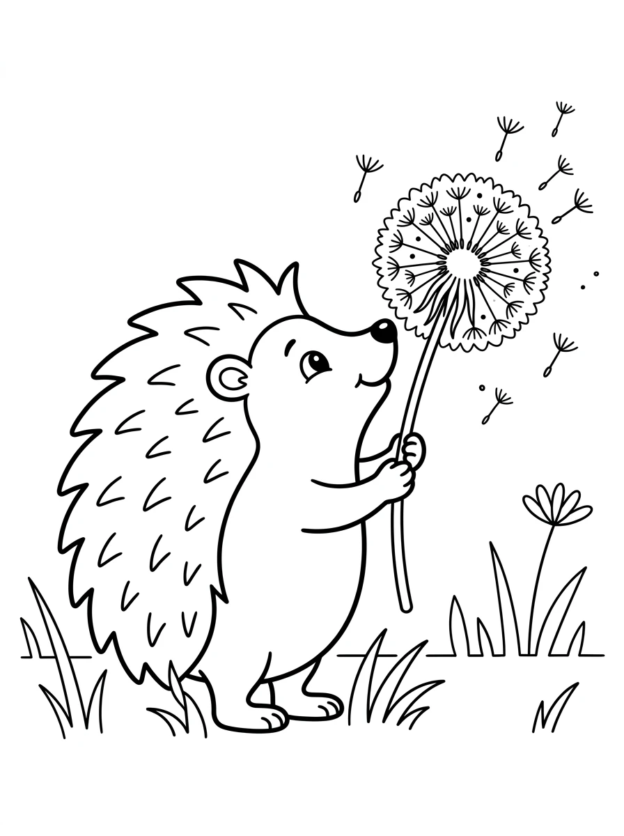 Igel-Ausmalbild mit einer Pusteblume