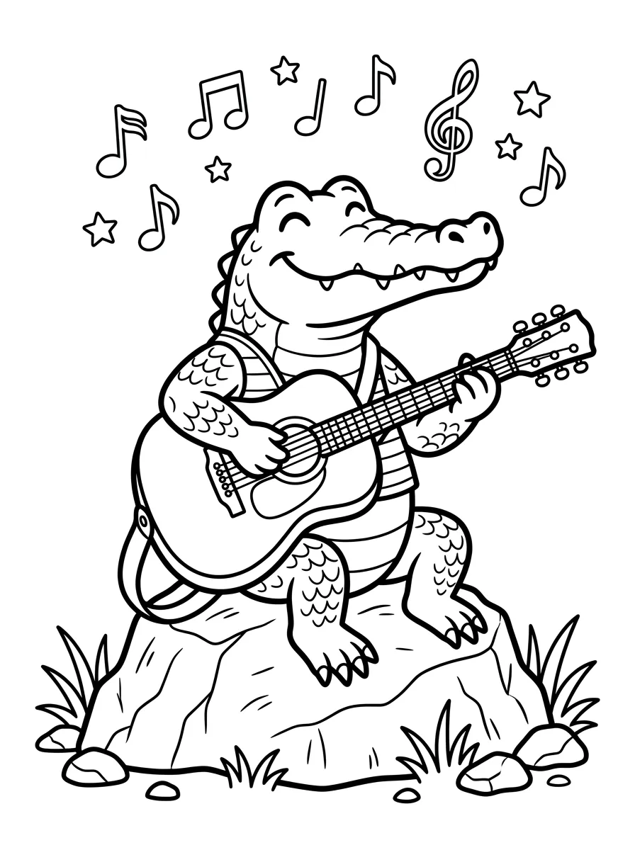 Gitarre spielendes Krokodil auf Felsen