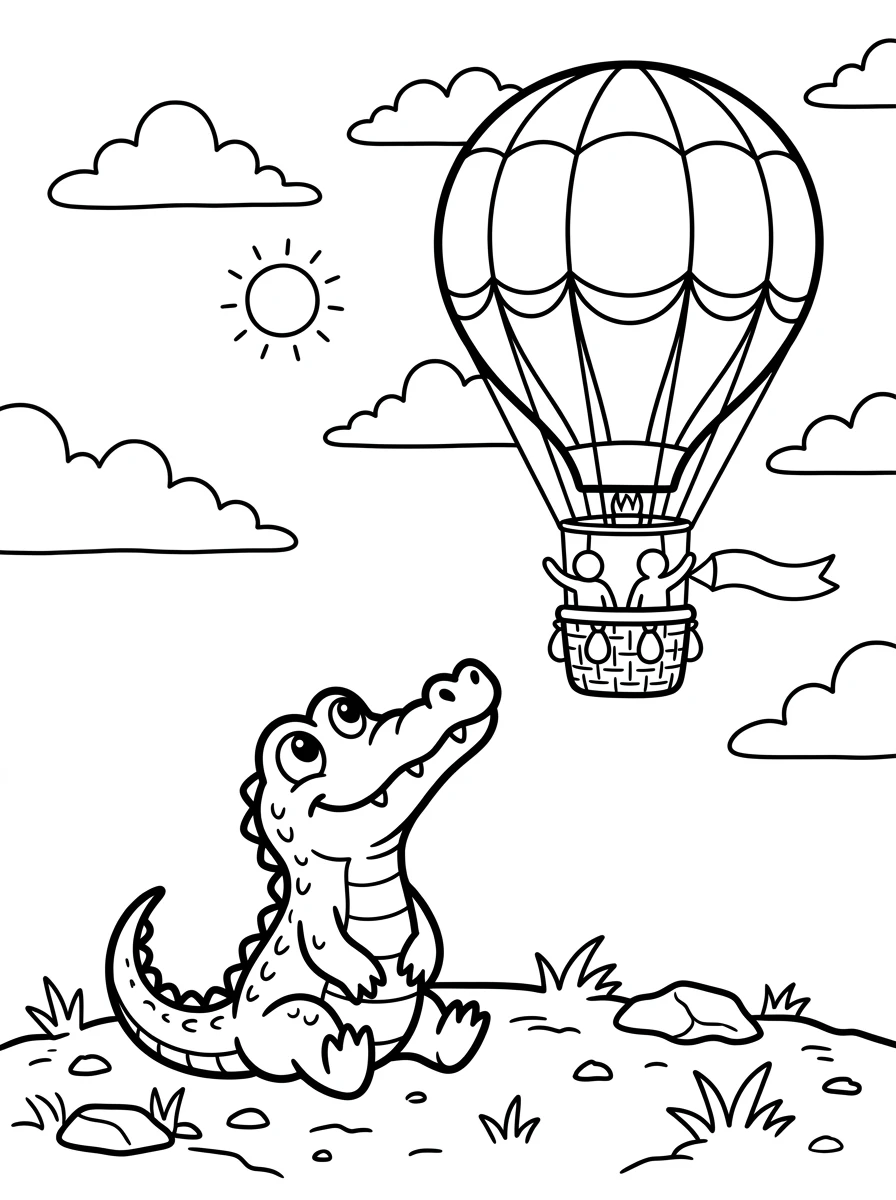 Kleines Krokodil mit Heißluftballon