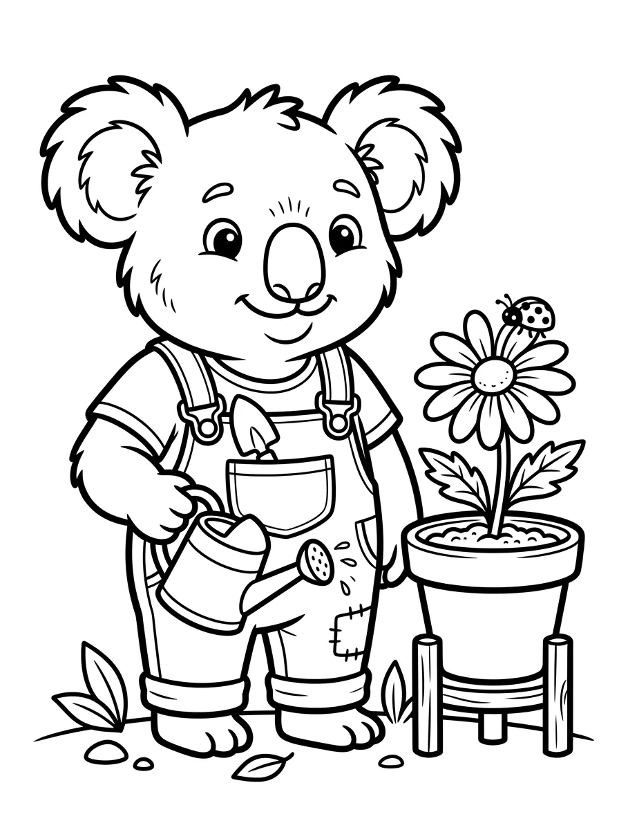Koala Ausmalbild beim Gärtnern