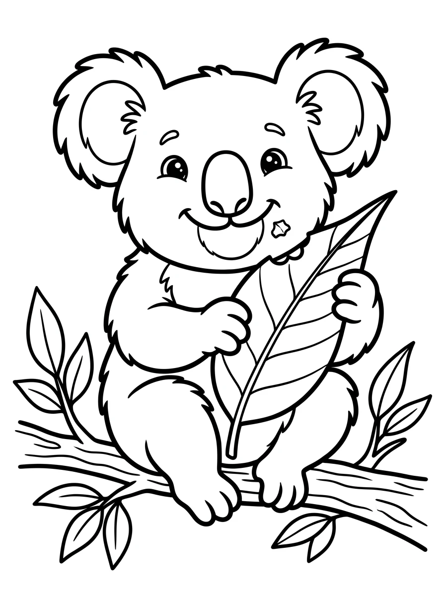 Fröhlicher Koala mit Eukalyptusblatt