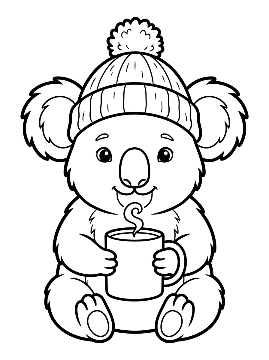 Koala mit Wintermütze und Kakao