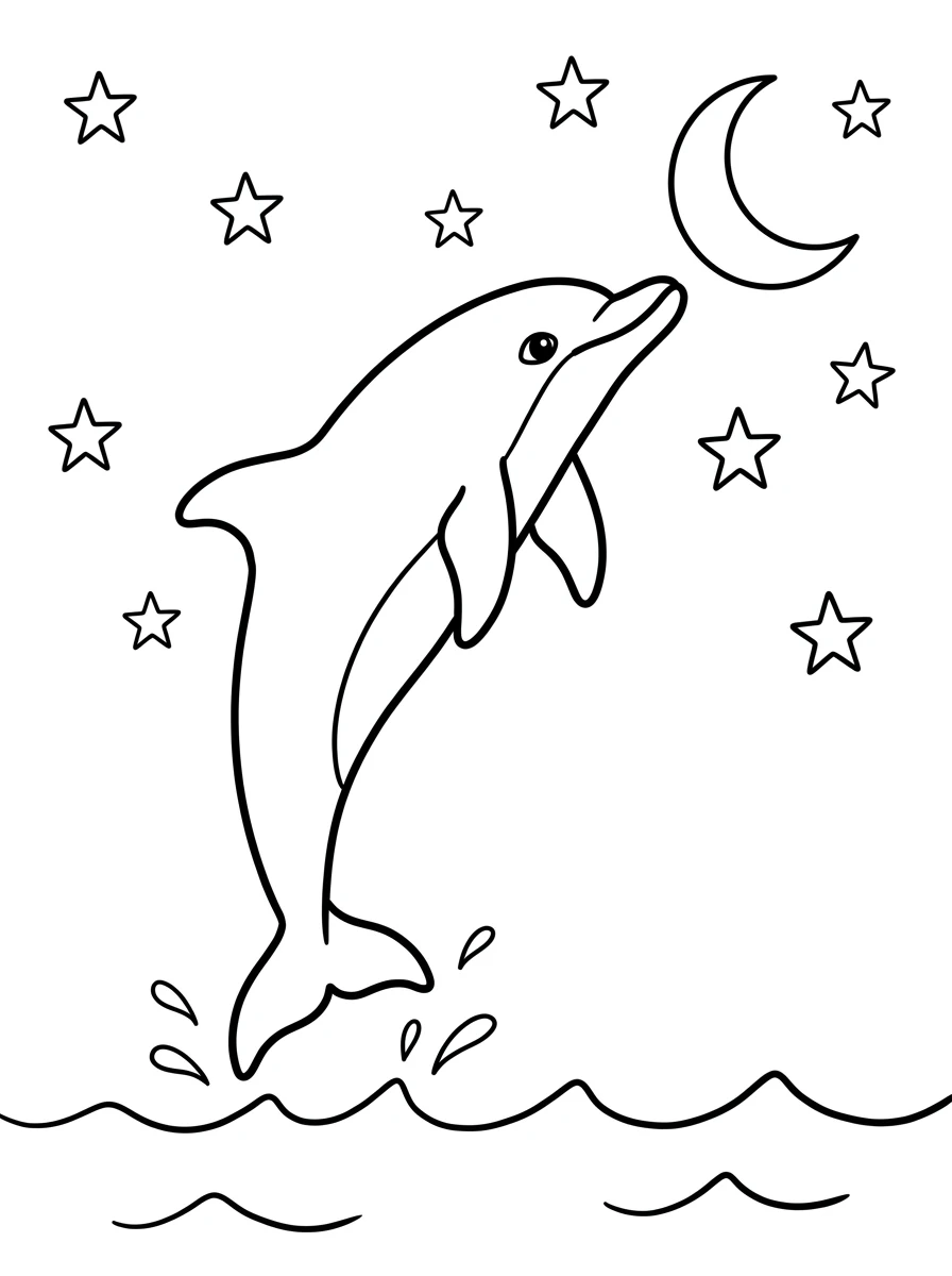 Ausmalbild Delfin im Mondschein