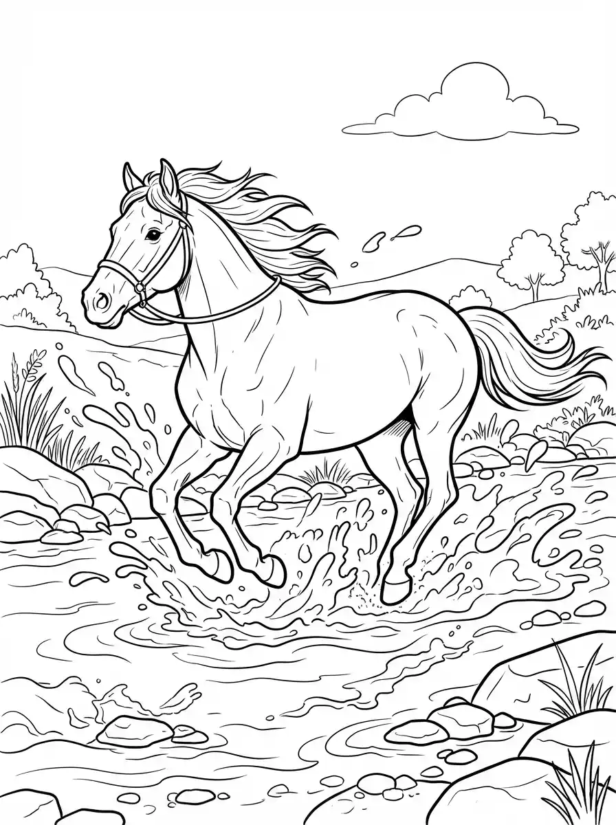 Ausmalbild Pferd im Fluss