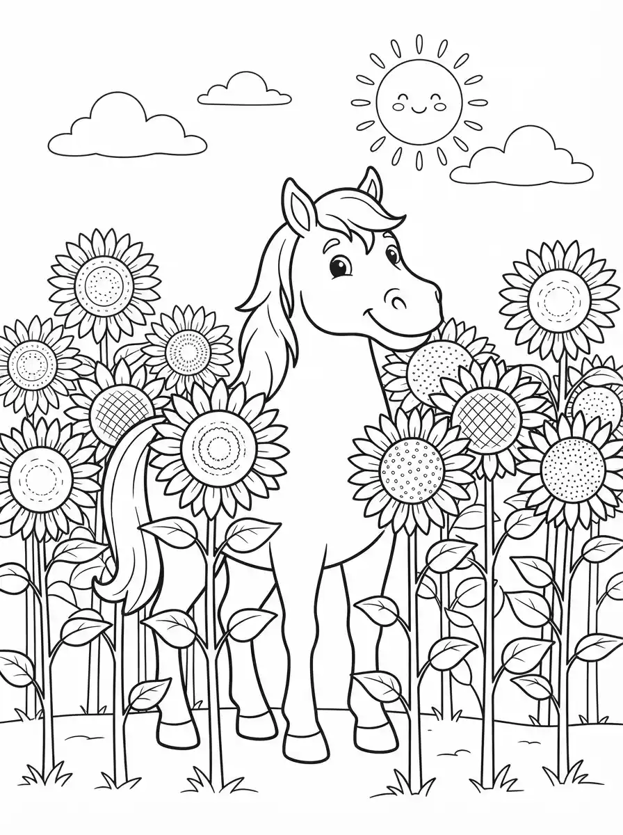 Pferd im Sonnenblumenfeld