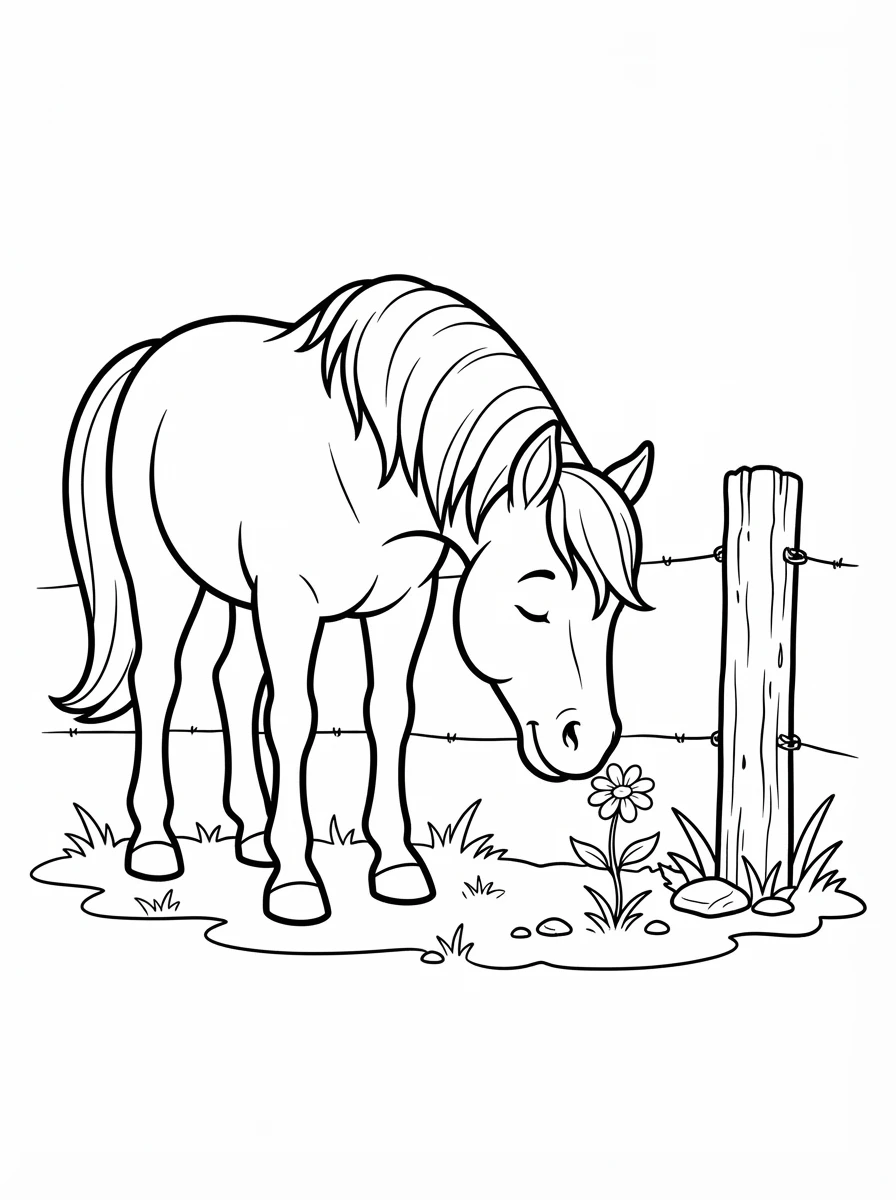 Ausmalbild Pferd schnuppert an Blume