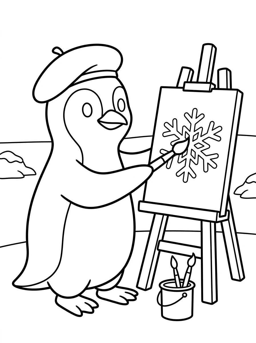Ausmalbild Pinguin als Künstler