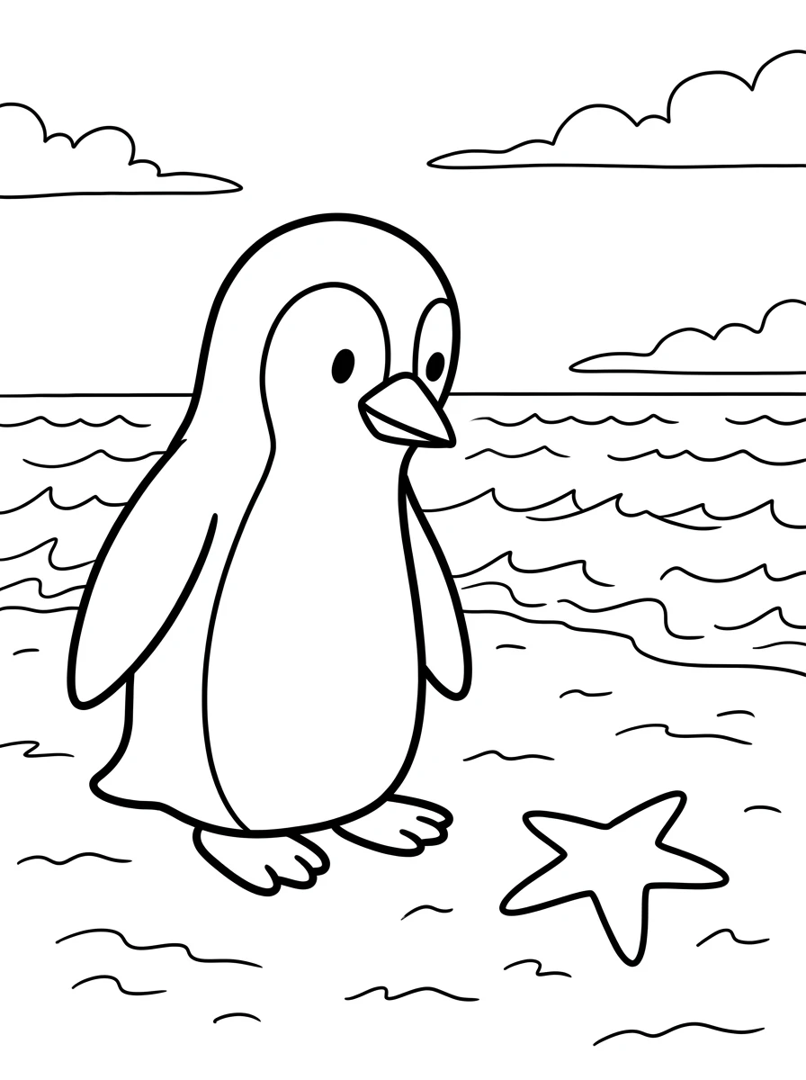 Ausmalbild Pinguin am Strand
