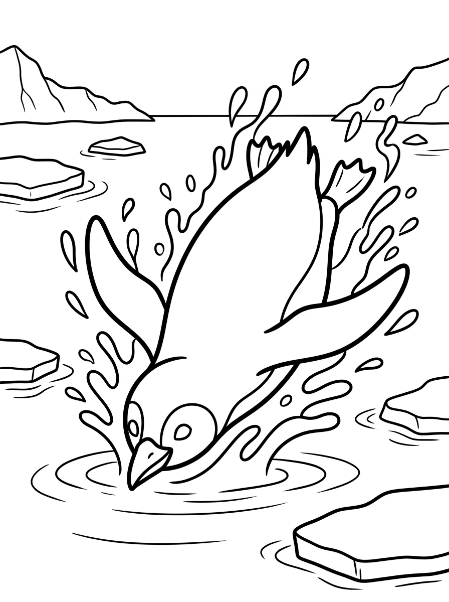 Ausmalbild Pinguin beim Tauchen