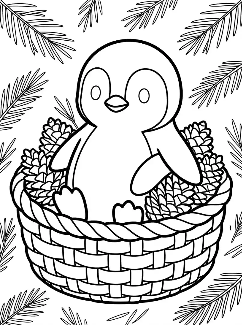 Ausmalbild Pinguin im Korb