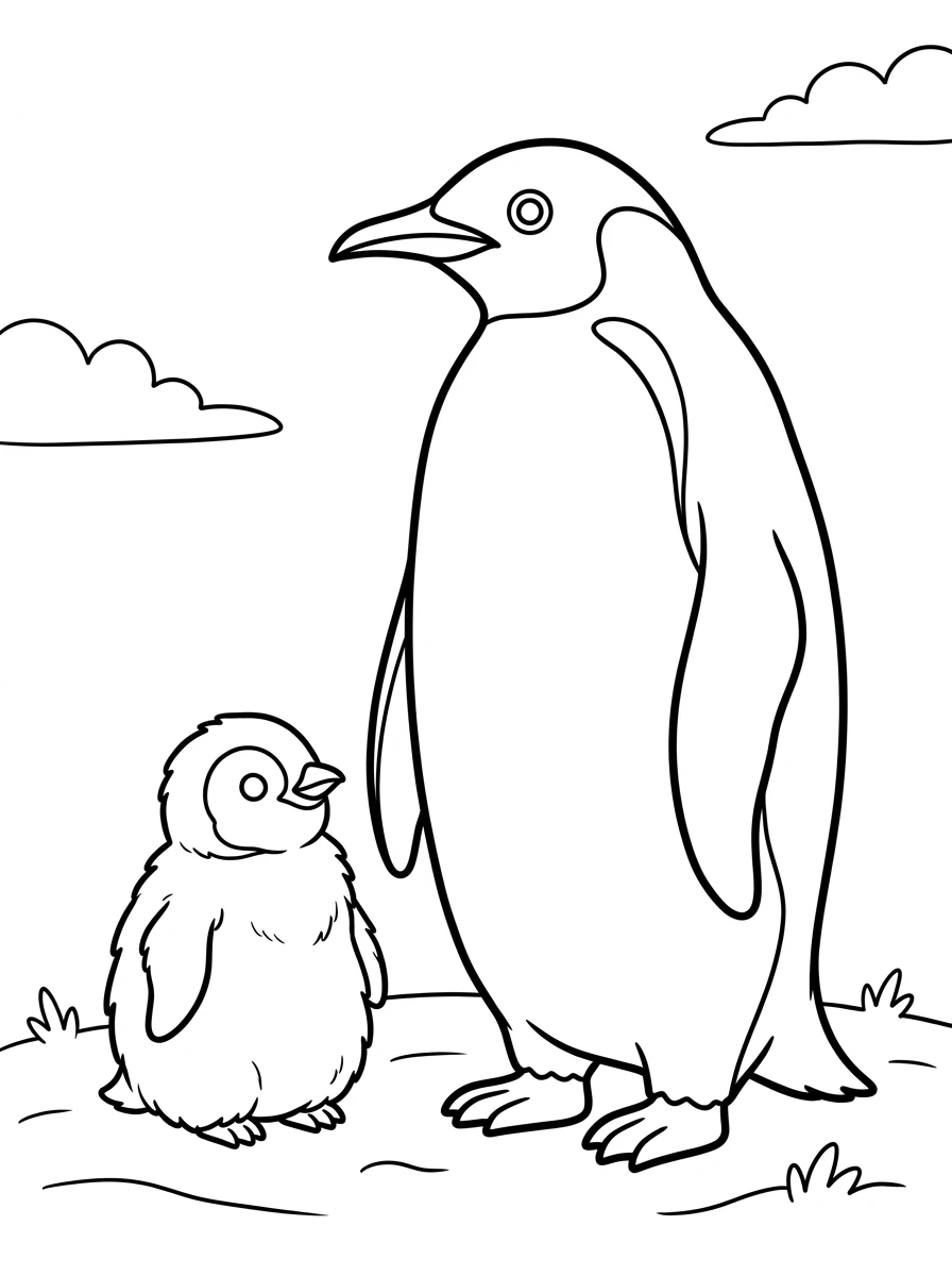 Ausmalbild Pinguin mit Küken