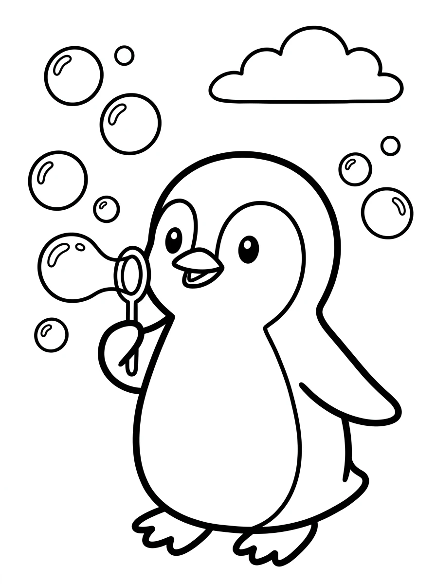 Ausmalbild Pinguin mit Seifenblasen