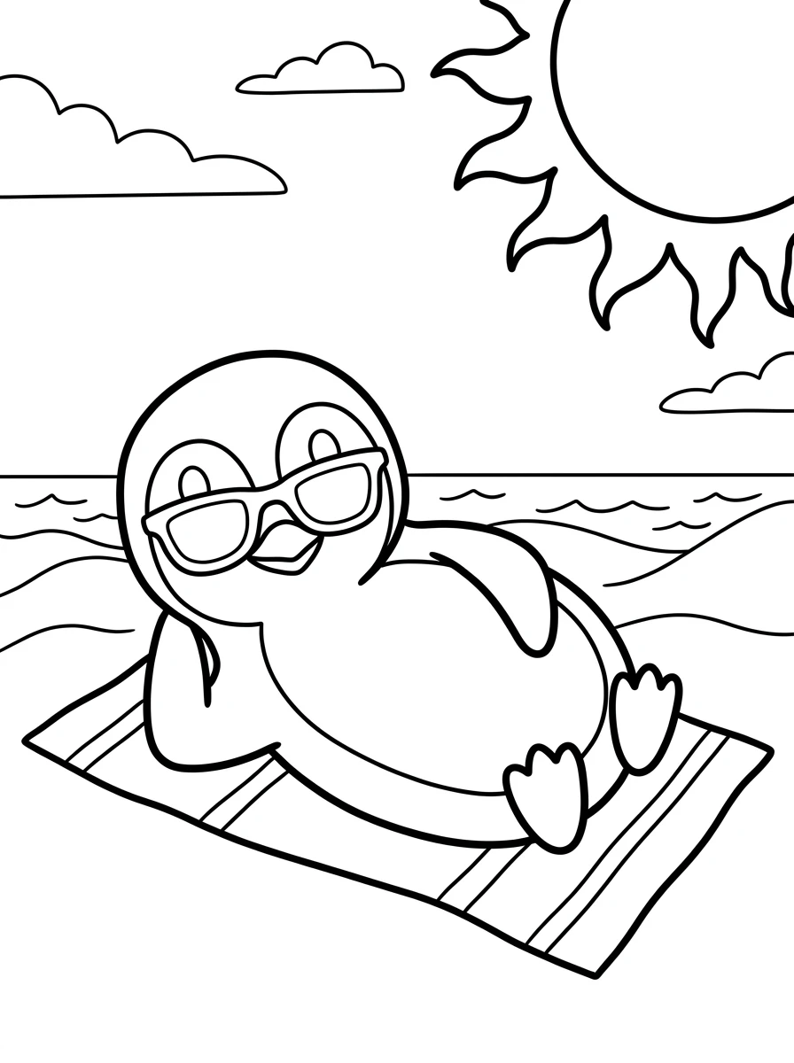 Pinguin mit Sonnenbrille am Strand