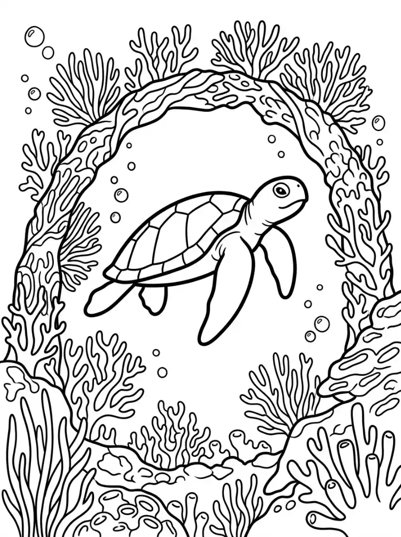 Ausmalbild Schildkröte am Korallenriff