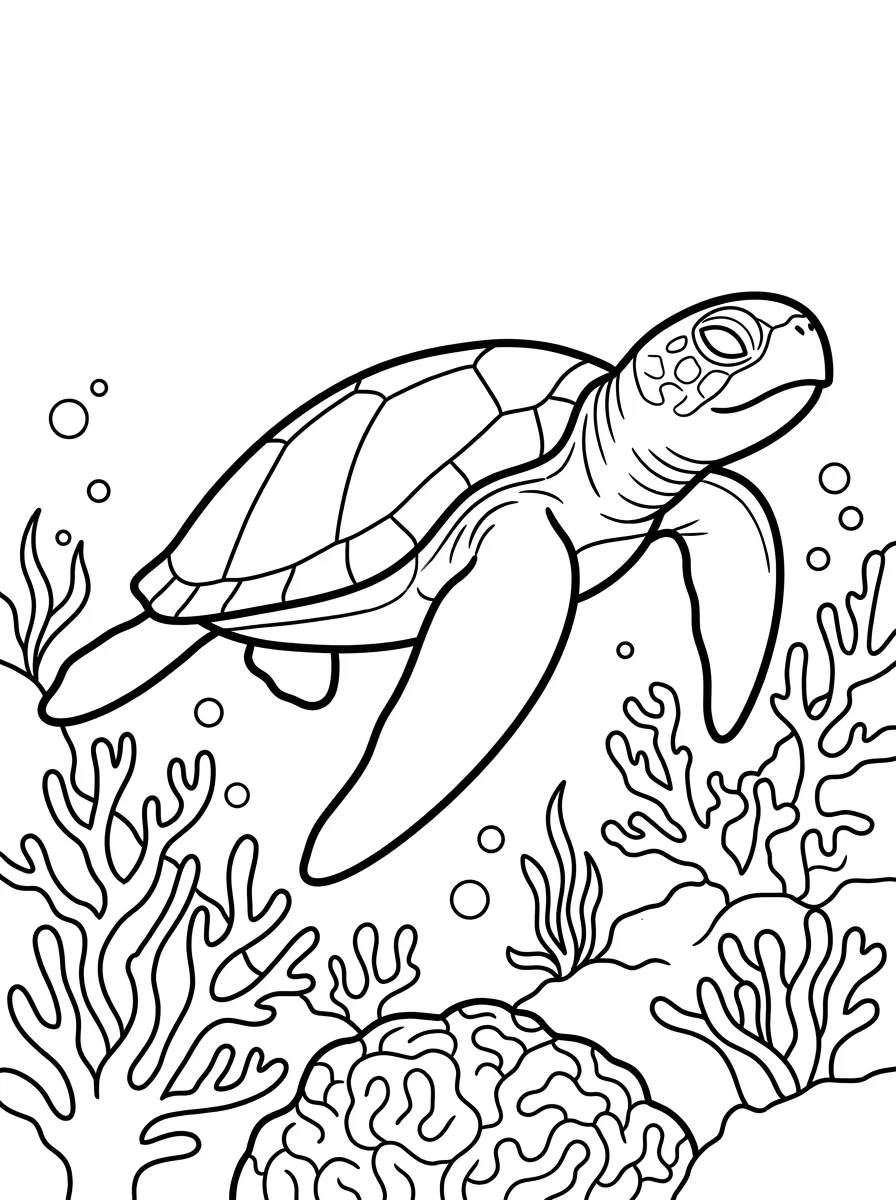 Ausmalbild Schildkröte am Korallenriff