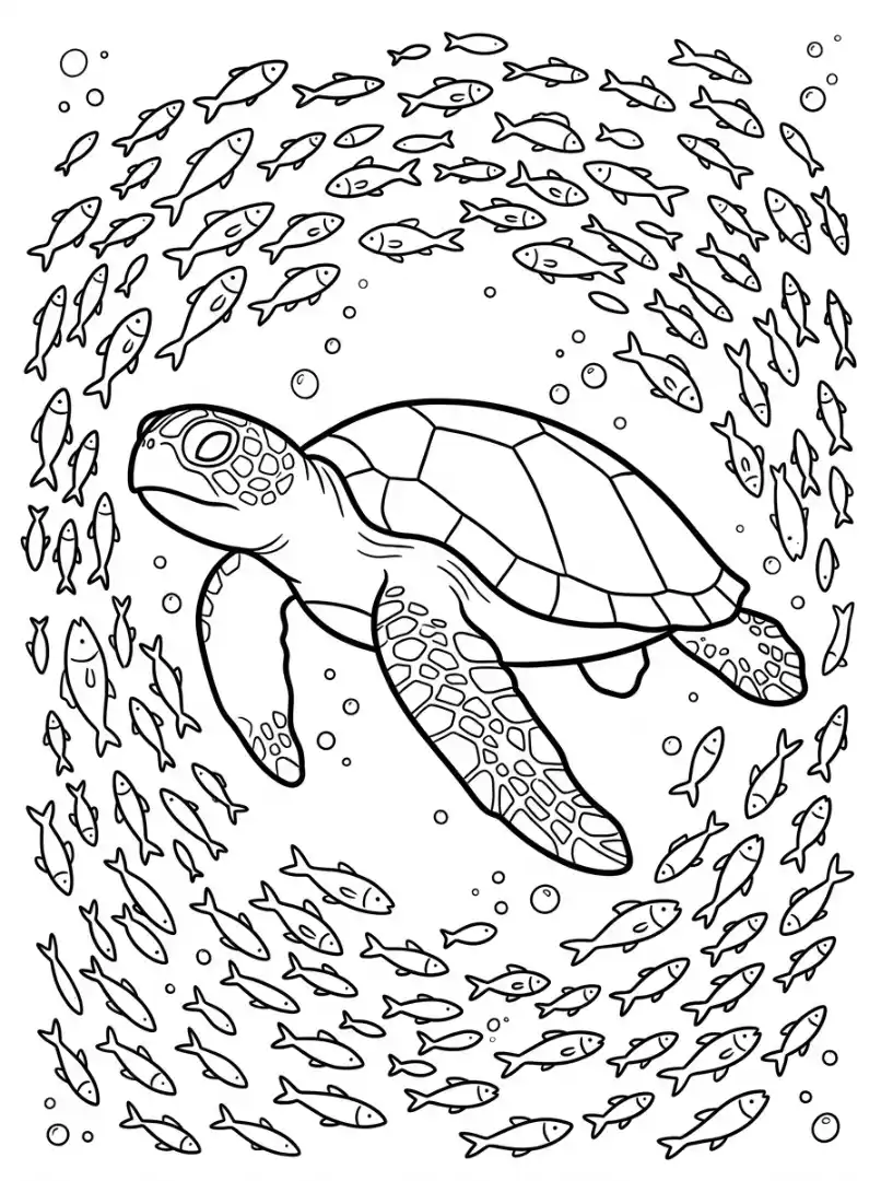 Ausmalbild Schildkröte im Fischschwarm