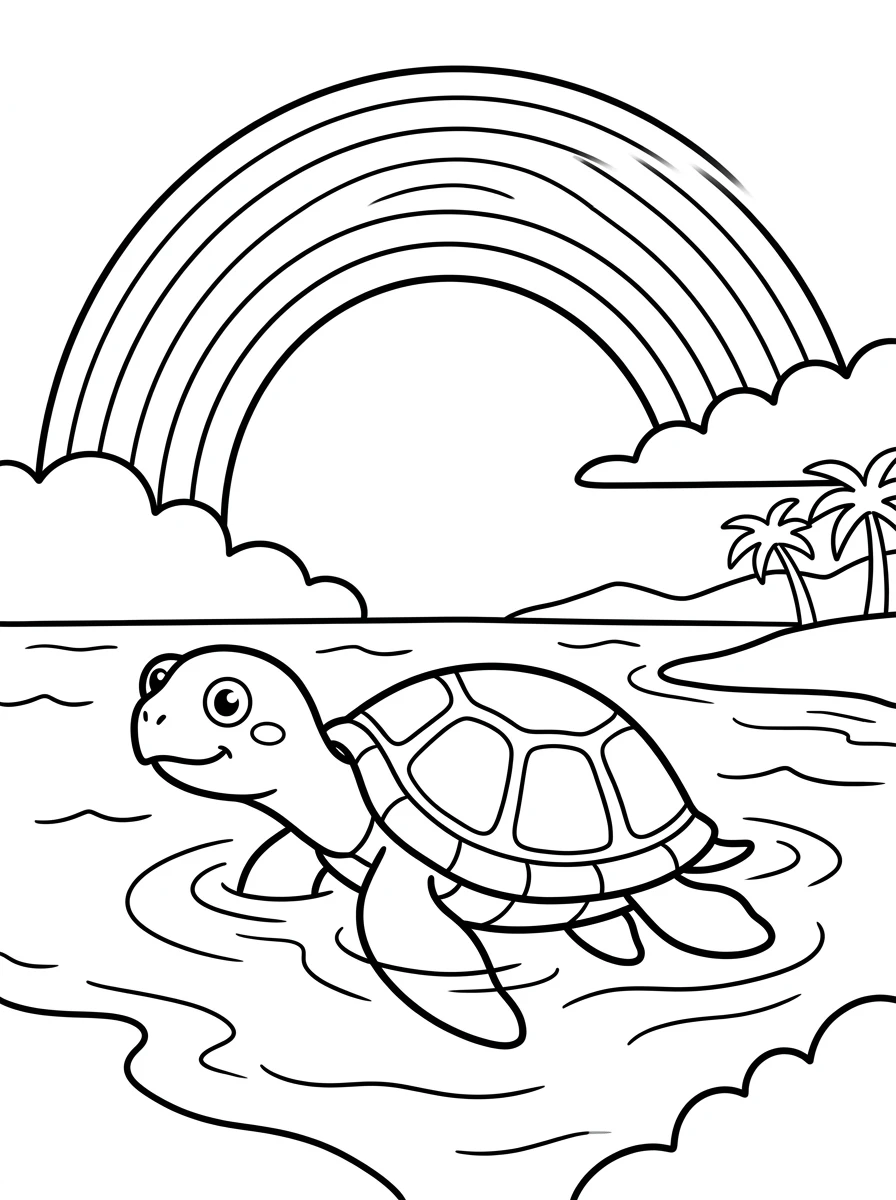 Ausmalbild Schildkröte unter dem Regenbogen