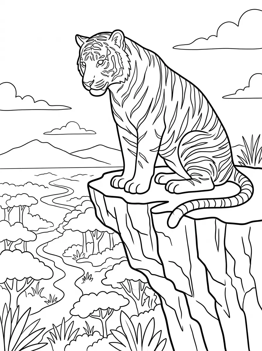 Ausmalbild Tiger auf Felsvorsprung